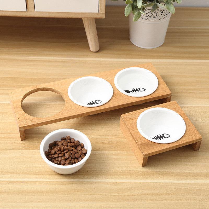 Stylish Bamboo And Ceramic Cat Dog Feeder Bowls