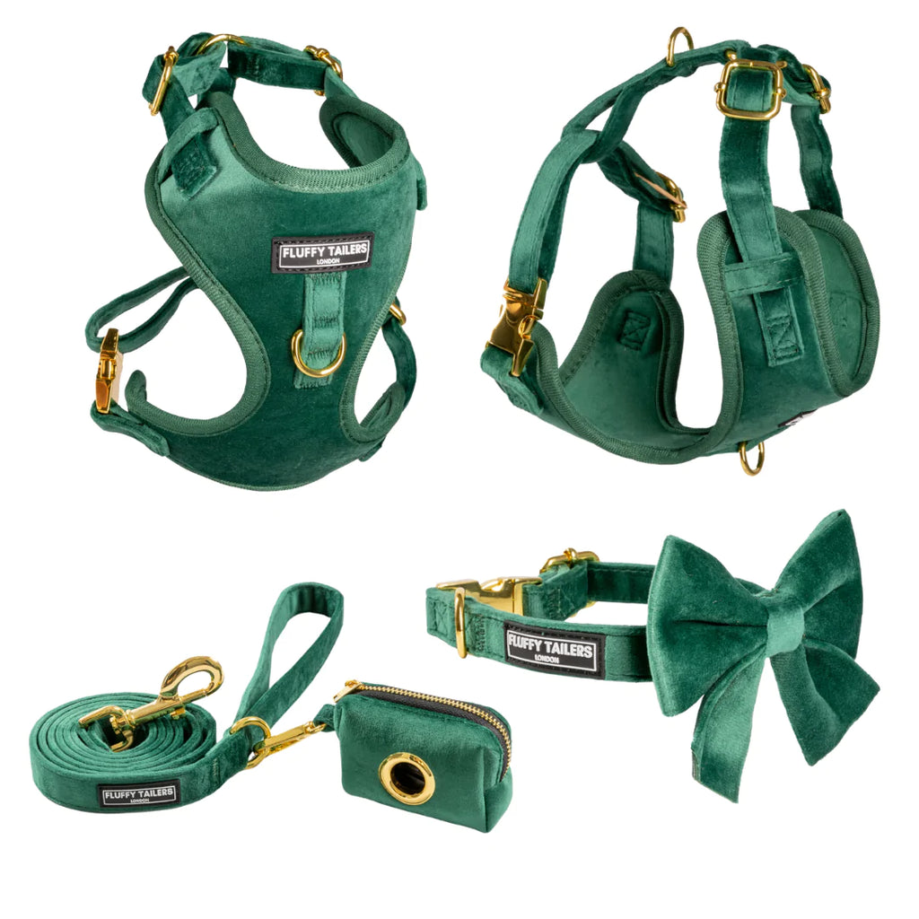 Emerald Green Collection - Dog Harness, Collar, Bow Tie, Lead and Poop Bag Holder by Fluffy Tailers