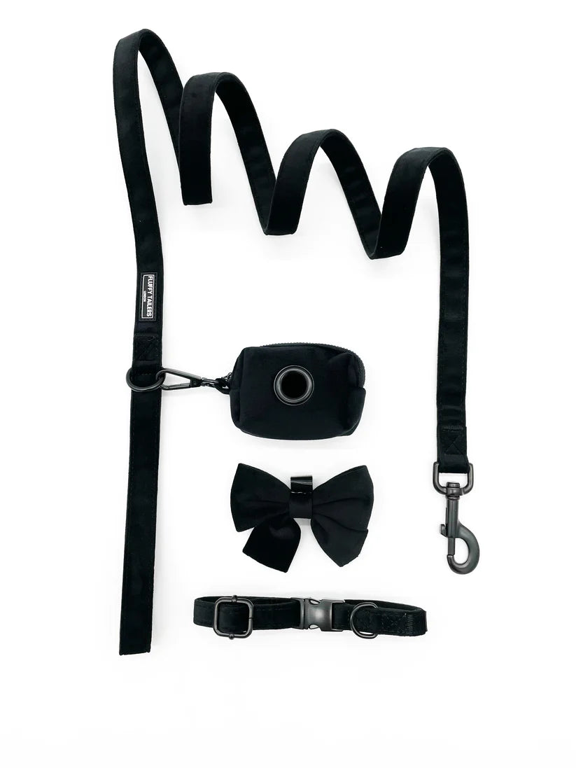 Classic Black Velvet Full Collection - Dog Collar, Bow Tie, Leash and Poop Bag Holder by Fluffy Tailers