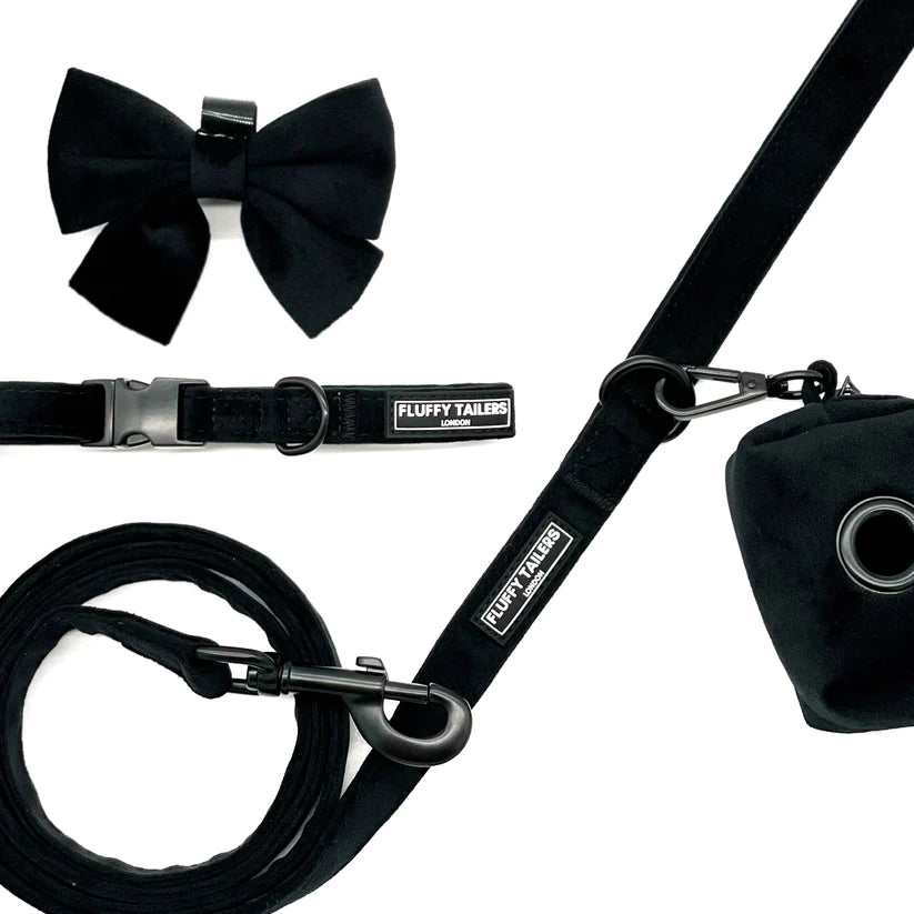 Classic Black Velvet Full Collection - Dog Collar, Bow Tie, Leash and Poop Bag Holder by Fluffy Tailers
