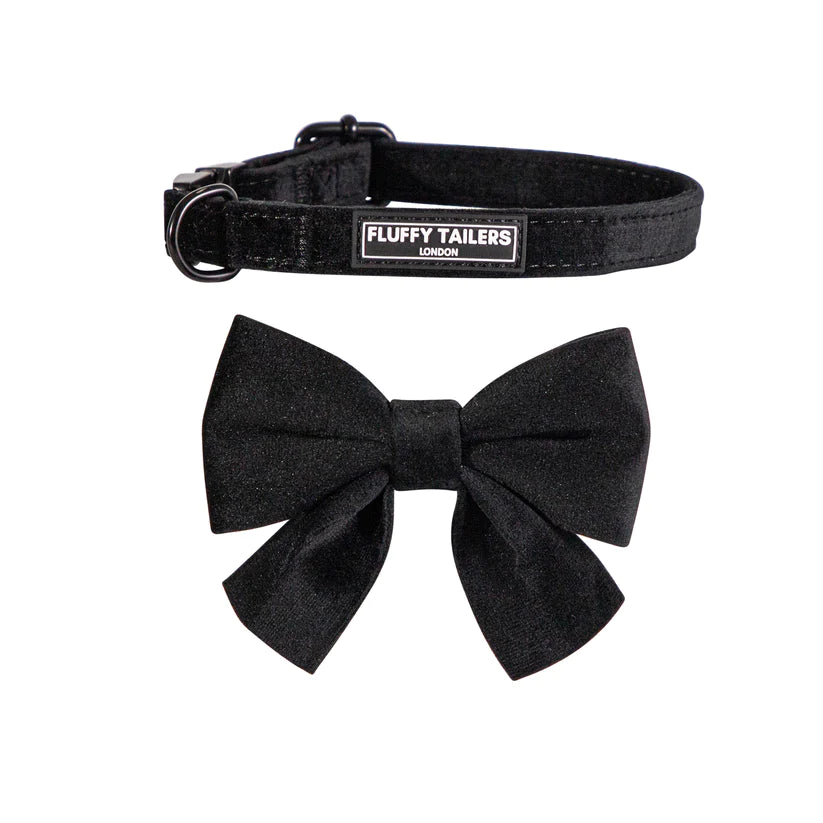 Classic Black Velvet Full Collection - Dog Collar, Bow Tie, Leash and Poop Bag Holder by Fluffy Tailers